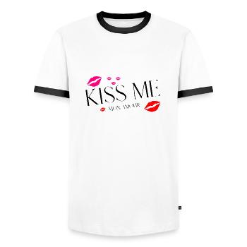 Typographie Kiss Me Mon Amour –Amour Romantique Français - T-shirt contrasté Homme - blanc/noir - Devant - AI Model Female 172 light (172cm) & AI Model Male 178 dark (178cm)