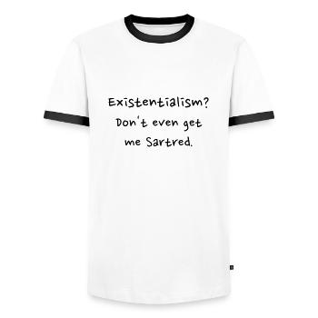 Existentialism? Don't even get me sartred. - Men's Ringer Shirt - white/black - Front - AI Model Female 172 light (172cm) & AI Model Male 178 dark (178cm)