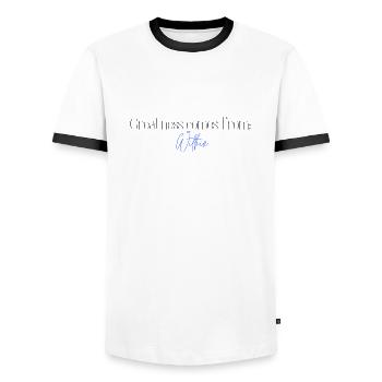 Größe von innen - Männer Kontrast-T-Shirt - Weiß/Schwarz - Vorne - AI Model Female 172 light (172cm) & AI Model Male 178 dark (178cm)