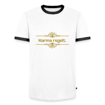 Karma regelt - Männer Kontrast-T-Shirt - Weiß/Schwarz - Vorne - AI Model Female 172 light (172cm) & AI Model Male 178 dark (178cm)
