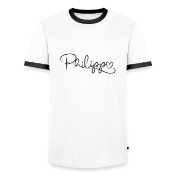 Philipp Last name First name Heart décor - Men's Ringer Shirt - white/black - Front - AI Model Female 172 light (172cm) & AI Model Male 178 dark (178cm)