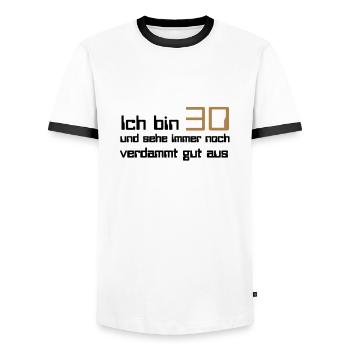 30 - Men's Ringer Shirt - white/black - Front - AI Model Female 172 light (172cm) & AI Model Male 178 dark (178cm)