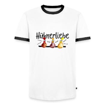 Hühnerliebe - Männer Kontrast-T-Shirt - Weiß/Schwarz - Vorne - AI Model Female 172 light (172cm) & AI Model Male 178 dark (178cm)