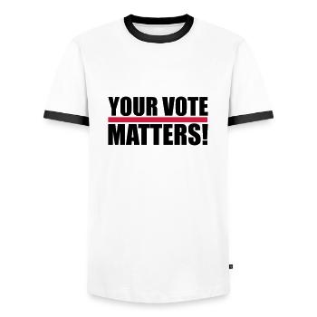 your vote matters quote - Men's Ringer Shirt - white/black - Front - AI Model Female 172 light (172cm) & AI Model Male 178 dark (178cm)
