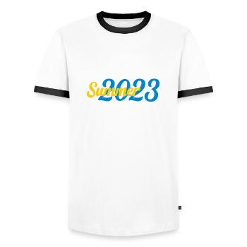 Summer 2023 - Men's Ringer Shirt - white/black - Front - AI Model Female 172 light (172cm) & AI Model Male 178 dark (178cm)