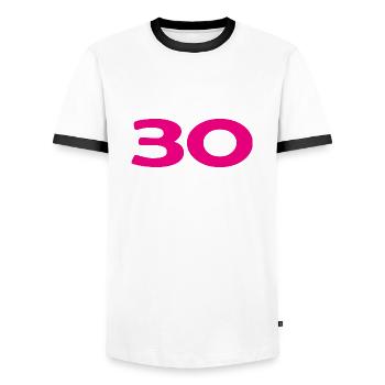 30. 30 YEARS. 30th ANNIVERSARY. 30TH ANNIVERSARY. - Men's Ringer Shirt - white/black - Front - AI Model Female 172 light (172cm) & AI Model Male 178 dark (178cm)
