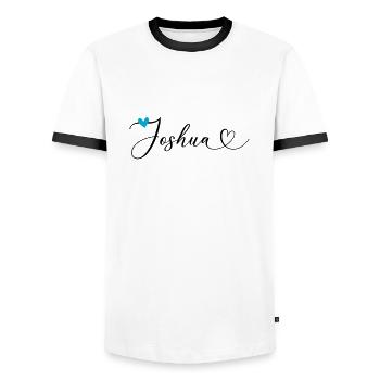 Joshua Last name First name Calligraphy heart - Men's Ringer Shirt - white/black - Front - AI Model Female 172 light (172cm) & AI Model Male 178 dark (178cm)