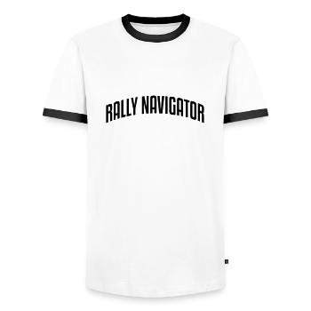 rally navigator stylish arched text logo - Men's Ringer Shirt - white/black - Front - AI Model Female 172 light (172cm) & AI Model Male 178 dark (178cm)