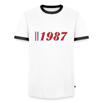 Year 1987 - Men's Ringer Shirt - white/black - Front - AI Model Female 172 light (172cm) & AI Model Male 178 dark (178cm)