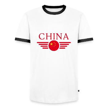 China - Men's Ringer Shirt - white/black - Front - AI Model Female 172 light (172cm) & AI Model Male 178 dark (178cm)