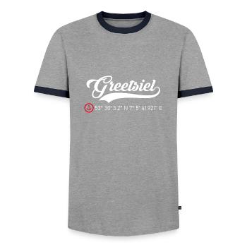 Greetsiel Koordinaten - Männer Kontrast-T-Shirt - Grau/Navy  - Vorne - AI Model Female 172 light (172cm) & AI Model Male 178 light (178cm)
