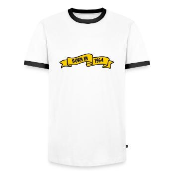 Born in 1964 - Men's Ringer Shirt - white/black - Front - AI Model Female 172 light (172cm) & AI Model Male 178 dark (178cm)