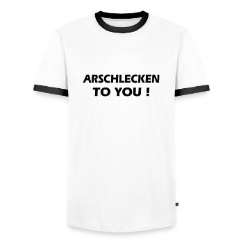 Arschlecken - Männer Kontrast-T-Shirt - Weiß/Schwarz - Vorne - AI Model Female 172 light (172cm) & AI Model Male 178 dark (178cm)