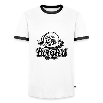 Boosted Lifestyle Artwork - Men's Ringer Shirt - white/black - Front - AI Model Female 172 light (172cm) & AI Model Male 178 dark (178cm)