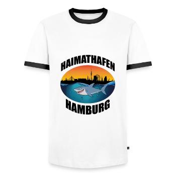 Haimat Hamburg Haifisch Motiv mit Skyline - Männer Kontrast-T-Shirt - Weiß/Schwarz - Vorne - AI Model Female 172 light (172cm) & AI Model Male 178 dark (178cm)
