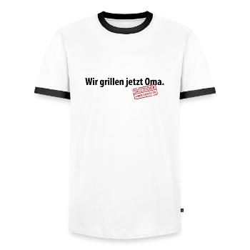 Wir grillen jetzt Oma Satzzeichen Komma Leben Omi - Männer Kontrast-T-Shirt - Weiß/Schwarz - Vorne - AI Model Female 172 light (172cm) & AI Model Male 178 dark (178cm)