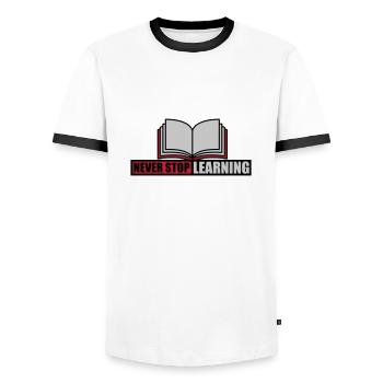 never stop learning quote - Men's Ringer Shirt - white/black - Front - AI Model Female 172 light (172cm) & AI Model Male 178 dark (178cm)