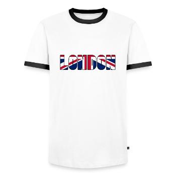 London – Bold Text with UK Flag Inside - Men's Ringer Shirt - white/black - Front - AI Model Female 172 light (172cm) & AI Model Male 178 dark (178cm)