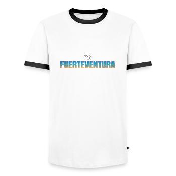 FUERTEVENTURA Schriftzug Strand & Meer (hell) - Männer Kontrast-T-Shirt - Weiß/Schwarz - Vorne - AI Model Female 172 light (172cm) & AI Model Male 178 dark (178cm)