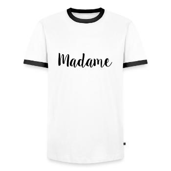 madame simple - Men's Ringer Shirt - white/black - Front - AI Model Female 172 light (172cm) & AI Model Male 178 dark (178cm)