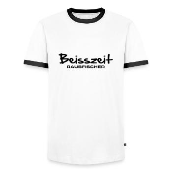 beisszeit_raubfischer - Männer Kontrast-T-Shirt - Weiß/Schwarz - Vorne - AI Model Female 172 light (172cm) & AI Model Male 178 dark (178cm)