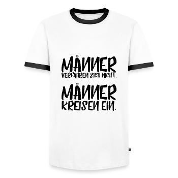 Männer verfahren sich nicht. Männer kreisen ein. - Männer Kontrast-T-Shirt - Weiß/Schwarz - Vorne - AI Model Female 172 light (172cm) & AI Model Male 178 dark (178cm)