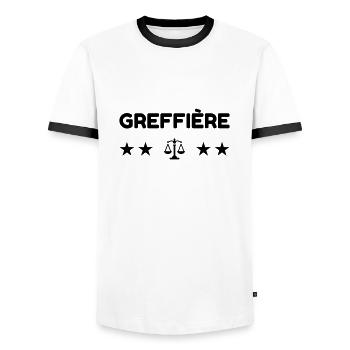 Urkundsbeamte / Clerk / Registrierung / Gericht - Männer Kontrast-T-Shirt - Weiß/Schwarz - Vorne - AI Model Female 172 light (172cm) & AI Model Male 178 dark (178cm)