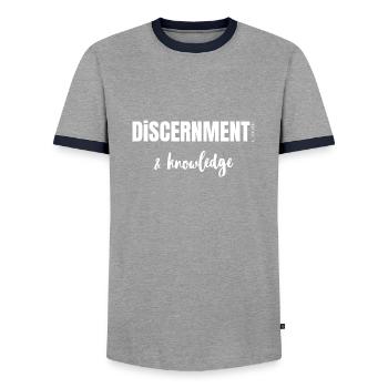 Discernement et Connaissance - Phi/1:9 - T-shirt contrasté Homme - gris/marine  - Devant - AI Model Female 172 light (172cm) & AI Model Male 178 light (178cm)