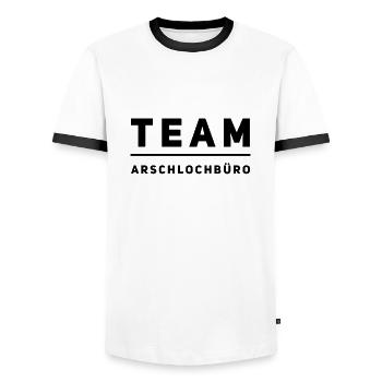TEAM A-lochbüro. Lustiges T-Shirt für ein Büro : ) - Männer Kontrast-T-Shirt - Weiß/Schwarz - Vorne - AI Model Female 172 light (172cm) & AI Model Male 178 dark (178cm)