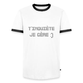 T’inquiète je gère - T-shirt contrasté Homme - blanc/noir - Devant - AI Model Female 172 light (172cm) & AI Model Male 178 dark (178cm)