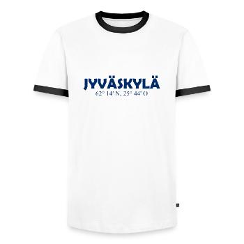 Jyväskylä - Finland - Coordinates - Longitude - Männer Kontrast-T-Shirt - Weiß/Schwarz - Vorne - AI Model Female 172 light (172cm) & AI Model Male 178 dark (178cm)