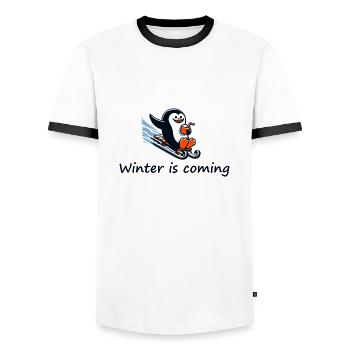 L’hiver arrive - T-shirt contrasté Homme - blanc/noir - Devant - AI Model Female 172 light (172cm) & AI Model Male 178 dark (178cm)