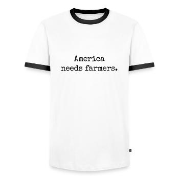 America Needs Farmers - Gift for USA Farmers - Men's Ringer Shirt - white/black - Front - AI Model Female 172 light (172cm) & AI Model Male 178 dark (178cm)