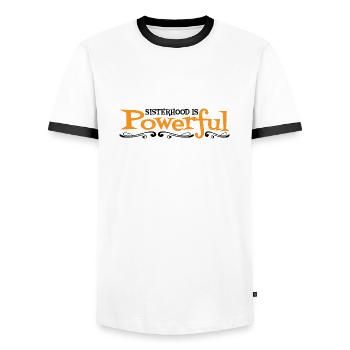 Sisterhood Is Powerful 34 - Men's Ringer Shirt - white/black - Front - AI Model Female 172 light (172cm) & AI Model Male 178 dark (178cm)