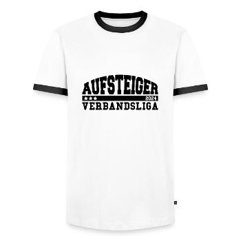 Aufsteiger 2024 Verbandsliga Aufstieg Fußball - Männer Kontrast-T-Shirt - Weiß/Schwarz - Vorne - AI Model Female 172 light (172cm) & AI Model Male 178 dark (178cm)