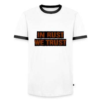 In Rost vertrauen wir - Männer Kontrast-T-Shirt - Weiß/Schwarz - Vorne - AI Model Female 172 light (172cm) & AI Model Male 178 dark (178cm)