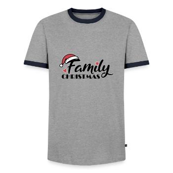 Family Christmas Font - Men's Ringer Shirt - grey/navy  - Front - AI Model Female 172 light (172cm) & AI Model Male 178 light (178cm)