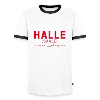 Halle (Saale) T-Shirt – For fans &amp; love of homeland - Men's Ringer Shirt - white/black - Front - AI Model Female 172 light (172cm) & AI Model Male 178 dark (178cm)