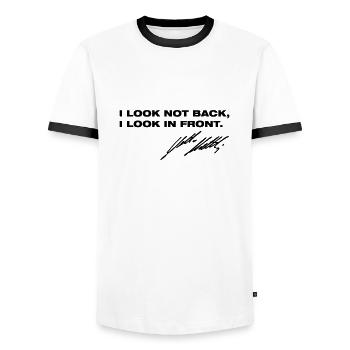 Lothar Matthäus Frauen T-Shirt "I look not back" - Männer Kontrast-T-Shirt - Weiß/Schwarz - Vorne - AI Model Female 172 light (172cm) & AI Model Male 178 dark (178cm)