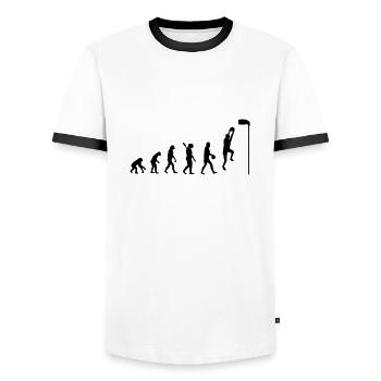 evolution korfball - Men's Ringer Shirt - white/black - Front - AI Model Female 172 light (172cm) & AI Model Male 178 dark (178cm)