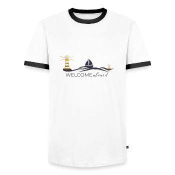 Segler WELCOMEaboard - Männer Kontrast-T-Shirt - Weiß/Schwarz - Vorne - AI Model Female 172 light (172cm) & AI Model Male 178 dark (178cm)