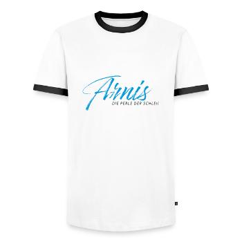 Arnis - Die Perle der Schlei -Bo-Grafik - Männer Kontrast-T-Shirt - Weiß/Schwarz - Vorne - AI Model Female 172 light (172cm) & AI Model Male 178 dark (178cm)