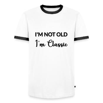 JE NE SUIS PAS VIEILLE, JE SUIS CLASSIQUE – Fête des Pères - Fête des Mères - T-shirt contrasté Homme - blanc/noir - Devant - AI Model Female 172 light (172cm) & AI Model Male 178 dark (178cm)