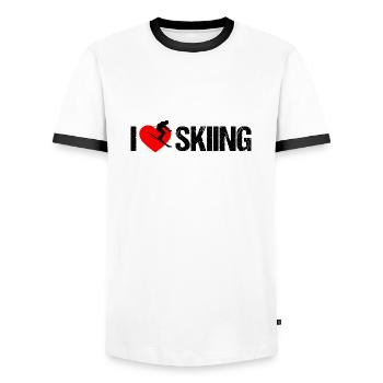 I love skiing - Men's Ringer Shirt - white/black - Front - AI Model Female 172 light (172cm) & AI Model Male 178 dark (178cm)