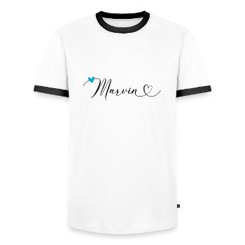 Marvin Last name First name Calligraphy heart - Men's Ringer Shirt - white/black - Front - AI Model Female 172 light (172cm) & AI Model Male 178 dark (178cm)