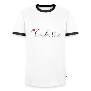 Carla Surname First name Calligraphy Heart - Men's Ringer Shirt - white/black - Front - AI Model Female 172 light (172cm) & AI Model Male 178 dark (178cm)