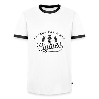 Touche pas à mes cigales - T-shirt contrasté Homme - blanc/noir - Devant - AI Model Female 172 light (172cm) & AI Model Male 178 dark (178cm)
