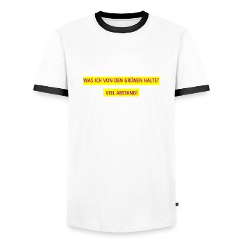 Was ich von den Grünen halte? Viel Abstand! - Männer Kontrast-T-Shirt - Weiß/Schwarz - Vorne - AI Model Female 172 light (172cm) & AI Model Male 178 dark (178cm)