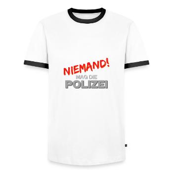 NIEMAND! mag die Polizei - Männer Kontrast-T-Shirt - Weiß/Schwarz - Vorne - AI Model Female 172 light (172cm) & AI Model Male 178 dark (178cm)