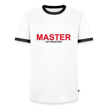 Funny "MASTER OF DISASTER" design - Men's Ringer Shirt - white/black - Front - AI Model Female 172 light (172cm) & AI Model Male 178 dark (178cm)